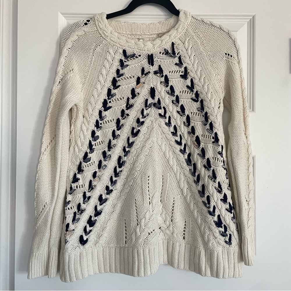 Anthropologie Knitted and Knotted Cream and Woven Fabric Knit Sweater